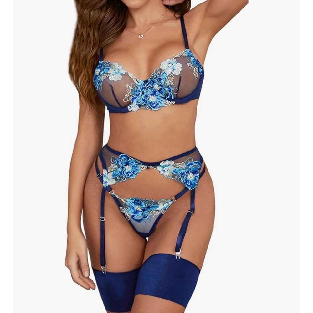Kaei&Shi Navy Blue Floral Embroidered Sheer Mesh 4 Piece Lingerie Set Garter‎ L